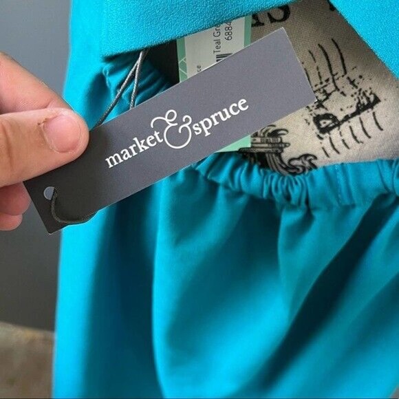 Market & Spruce Teal spaghetti strap v-neck midi dress with scallop hem pockets - Picture 4 of 8